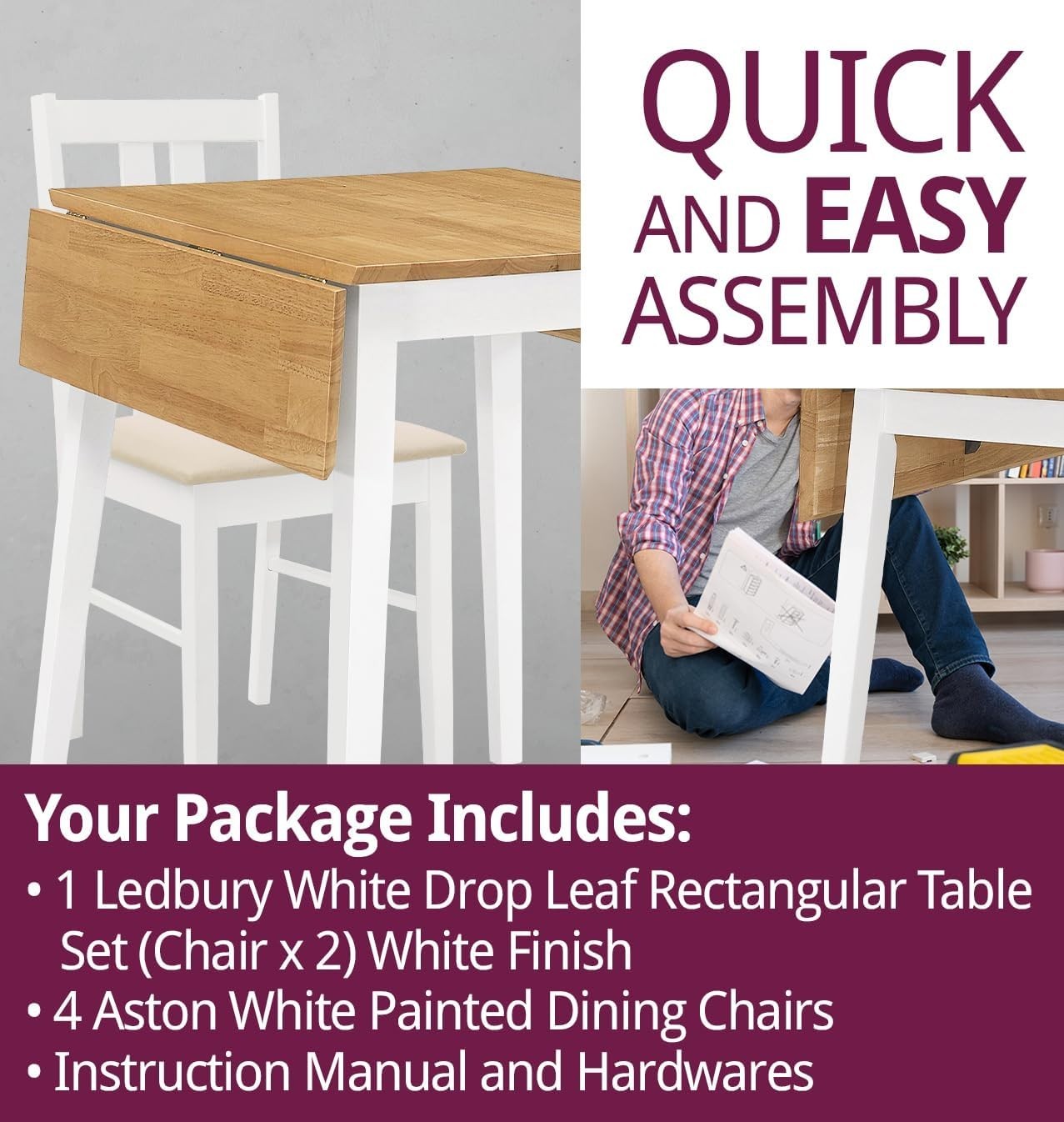 Drop Leaf Dining Table Set with 4 Chairs Oak White Foldable Space Saving