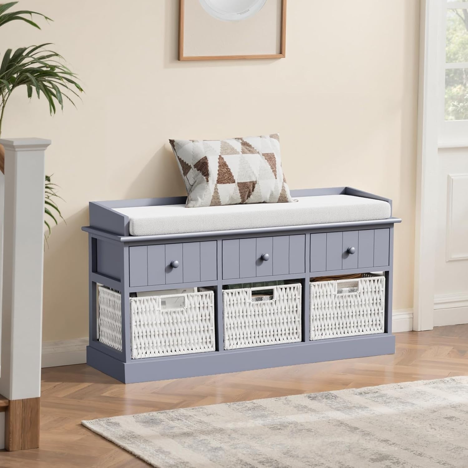 Blue-Grey Hallway Storage Bench with 3 Drawers & Wicker Baskets 100x30x50cm