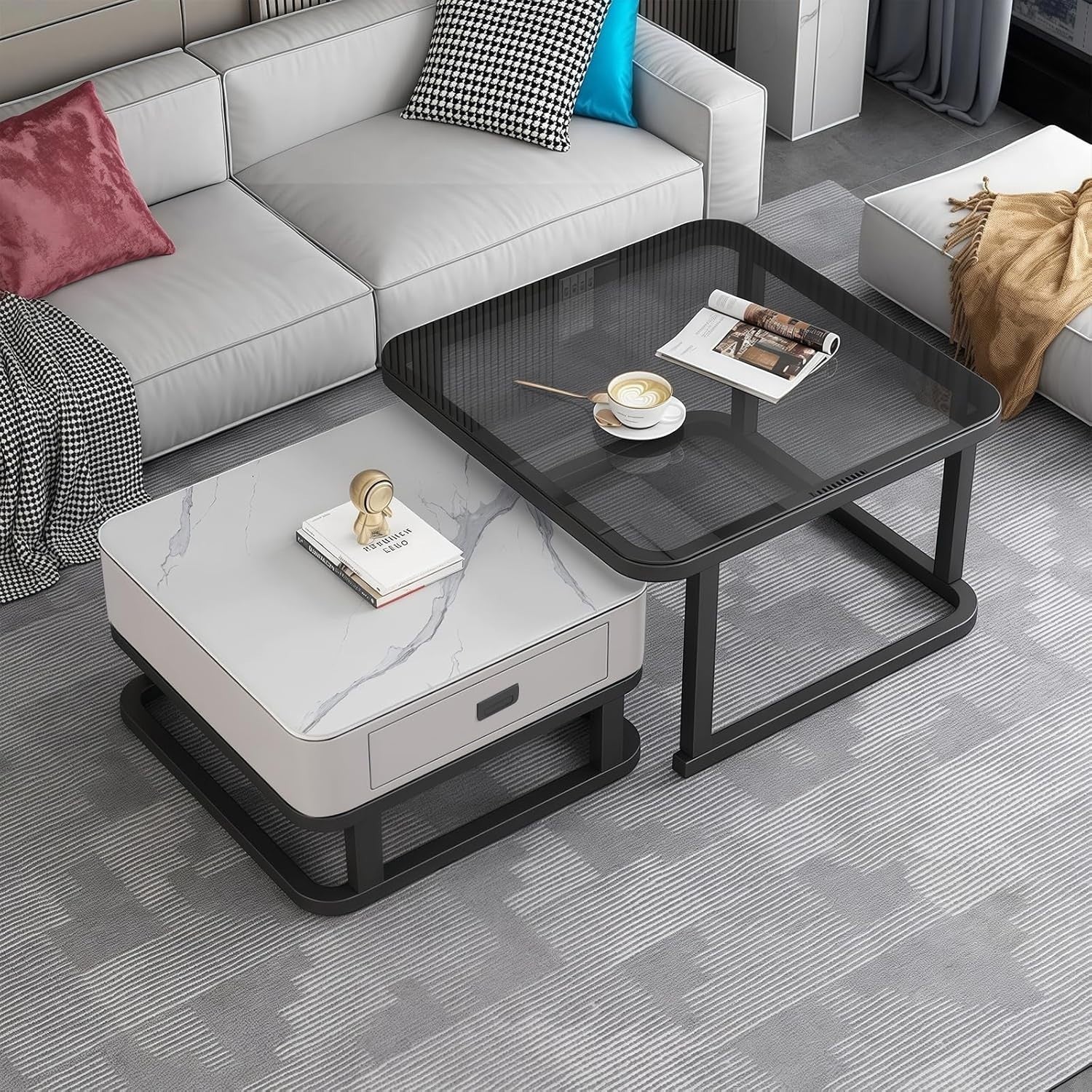 2-in-1 Nesting Coffee Table Set w/ Storage Drawer, Marble & Glass Top, Space.
