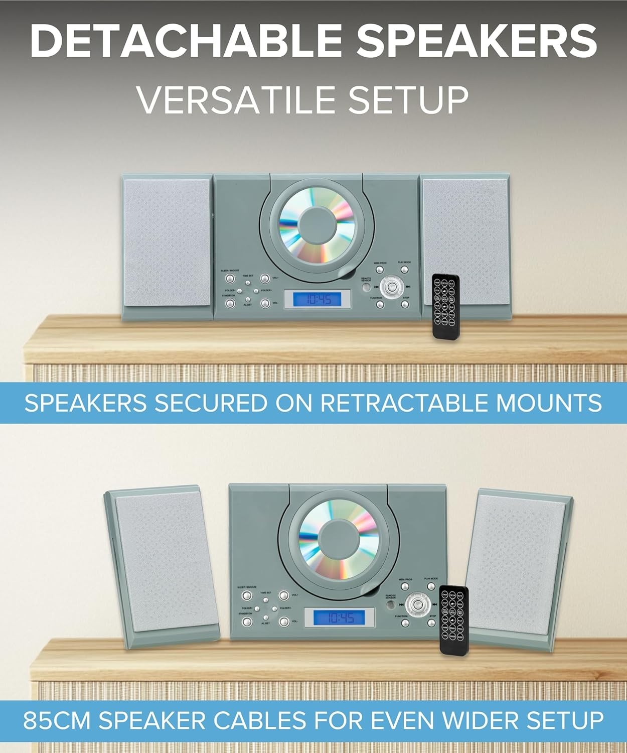 Wall Mount CD Player Stereo System USB MP3 FM Radio Alarm Remote Control Grey