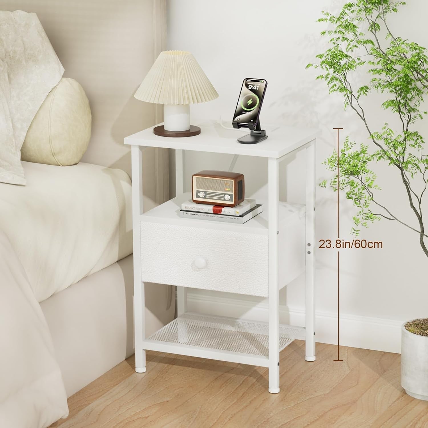 White Bedside Table with Charging Station Small Nightstand Drawer & Shelf