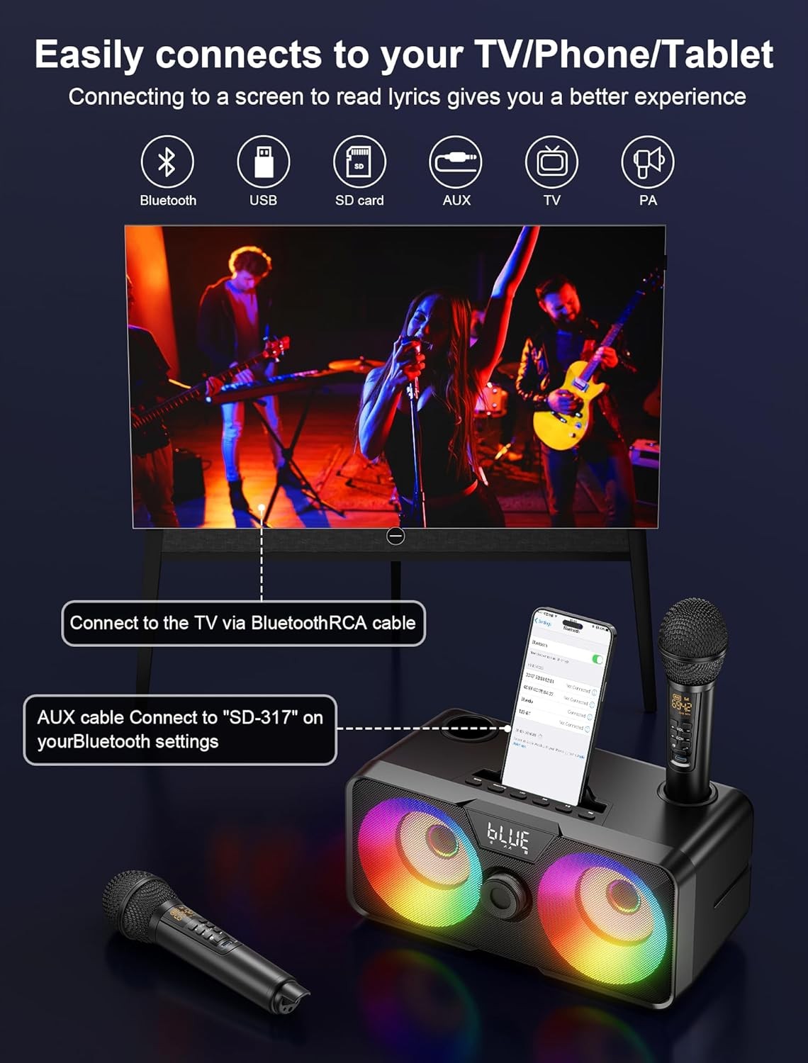 Karaoke Machine with 2 UHF Wireless Mics Bluetooth LED Speaker