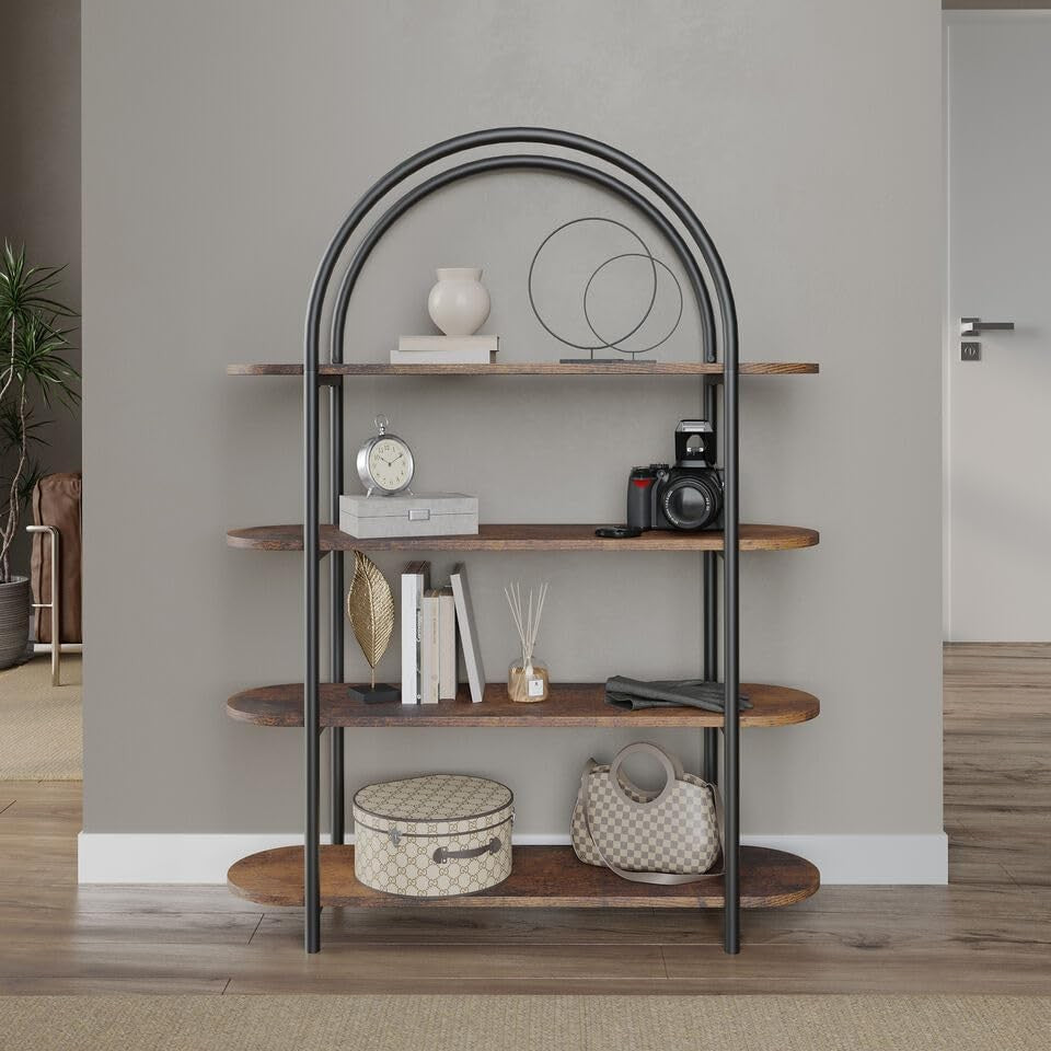 4-Tier Arched Bookcase Industrial Shelving Unit Rustic Wood & Metal Storage