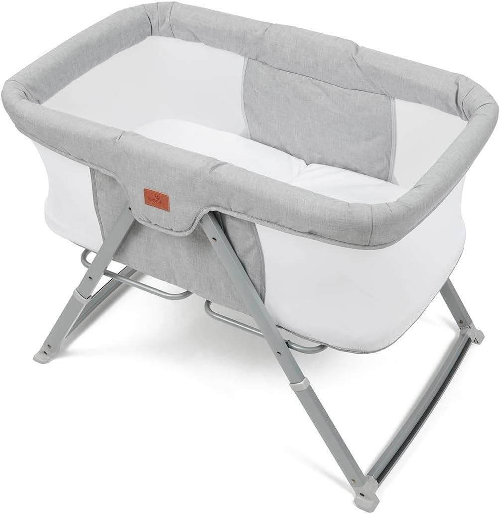 Folding Travel Crib with Mattress Mesh Sides Rocking Legs Portable Bassinet Grey