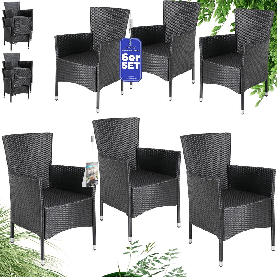 Black Rattan Garden Chairs Set of 6 Stackable Patio Dining Seats Heavy Duty