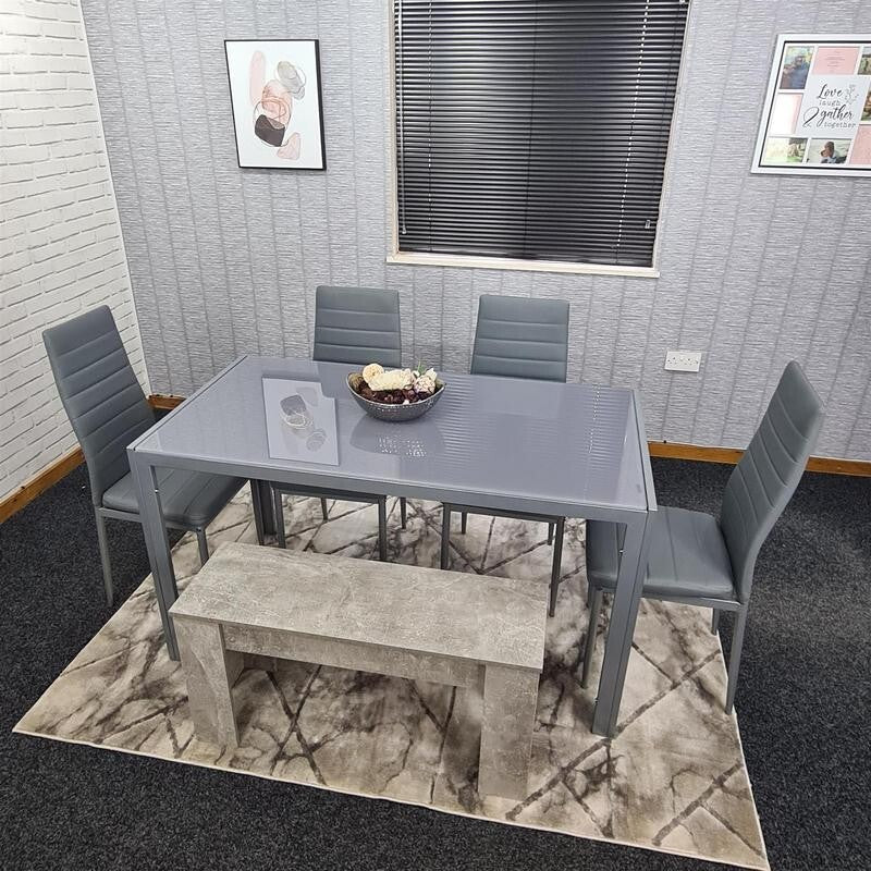 Grey Glass Dining Table Set 6 Seater with 4 Chairs & Bench for Kitchen