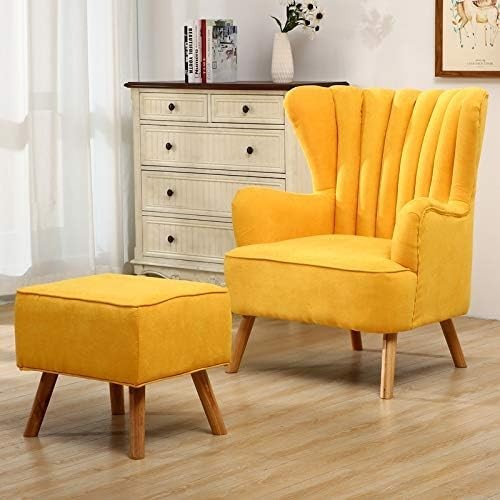 Yellow Linen Wingback Tub Chair with Footstool, Wooden Legs, Lounge Sofa