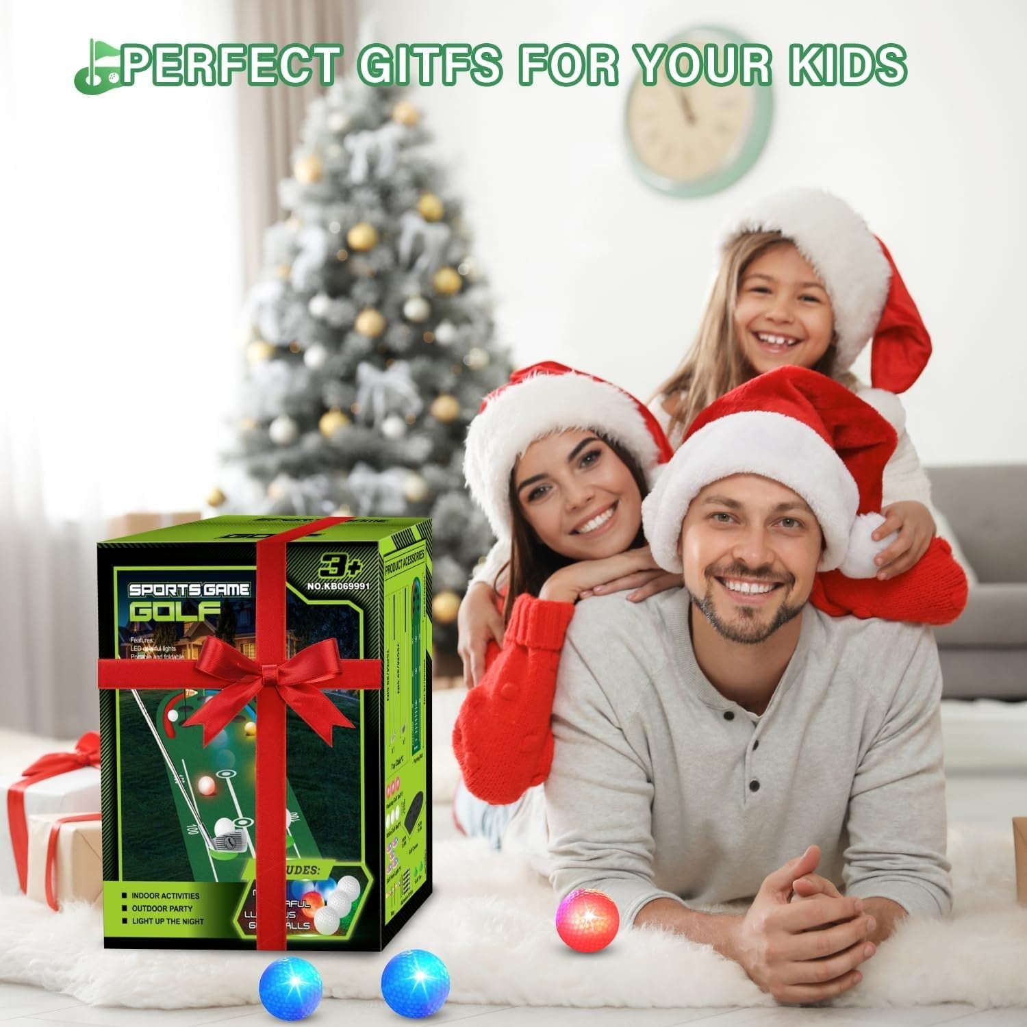 Indoor Golf Putting Mat Game Set LED Balls Glow Cups Kids Adults