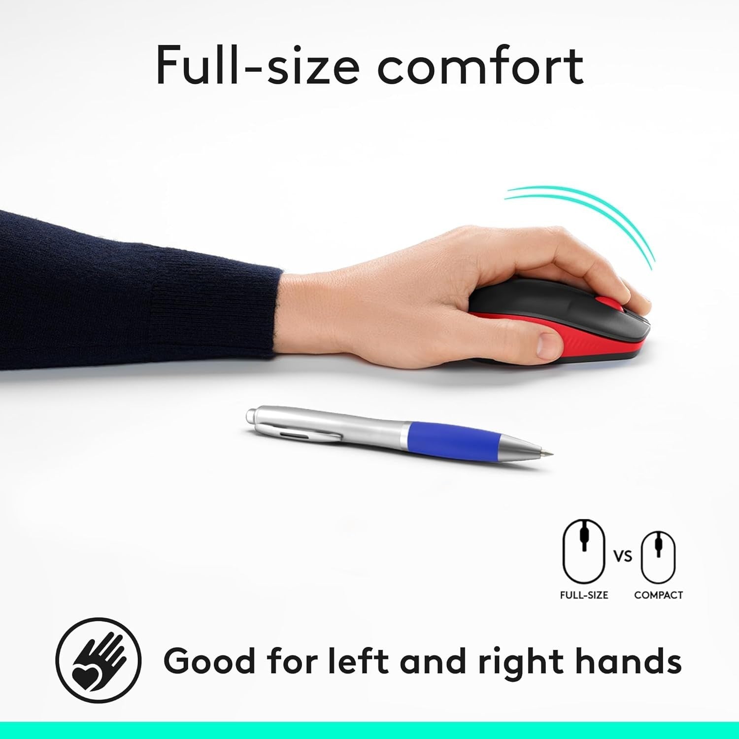Full Size Wireless Mouse Red USB 18 Month Battery Ergonomic