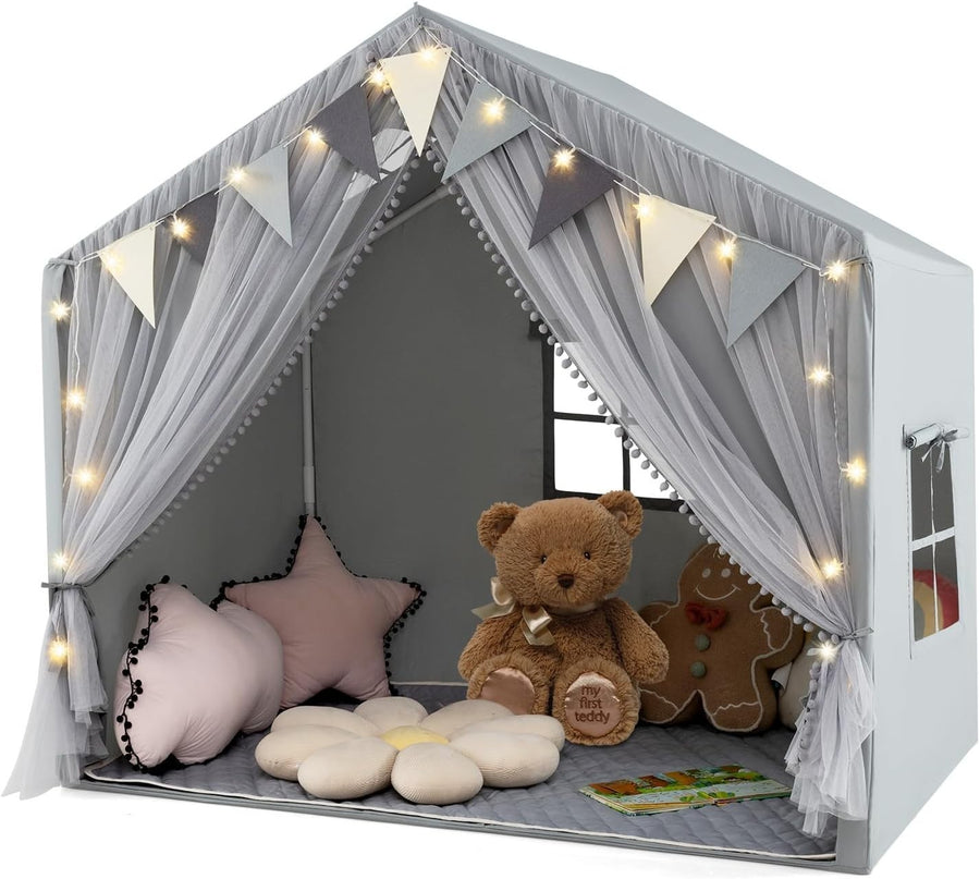 Grey Kids Fairy Castle Tent Indoor Outdoor Playhouse w Lights Mat