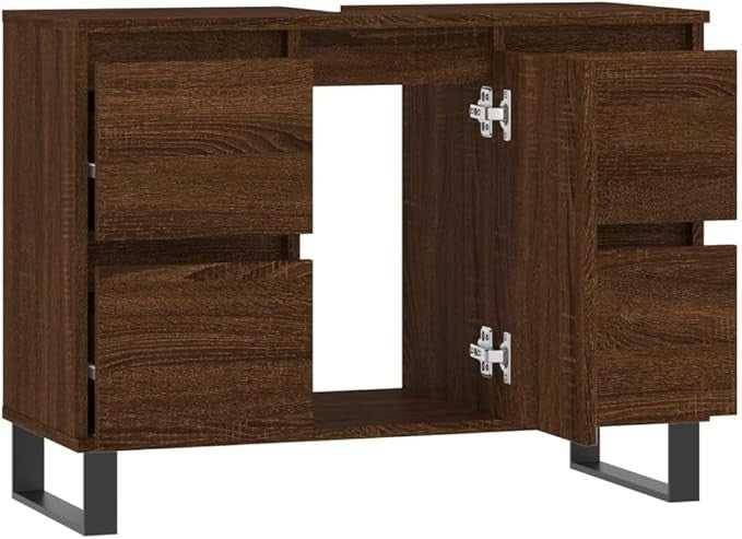 Wide Brown Oak Bathroom Sink Cabinet 80x33x60cm Under Basin Storage with Drawers