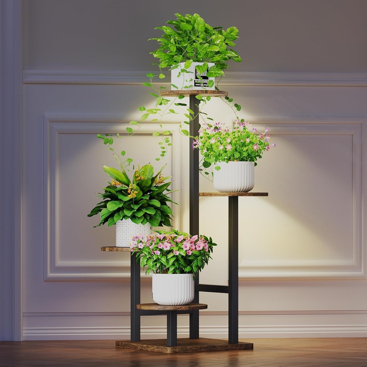 4-Tier Metal Plant Stand with Adjustable Grow Light & Hook | Indoor Corner Shelf