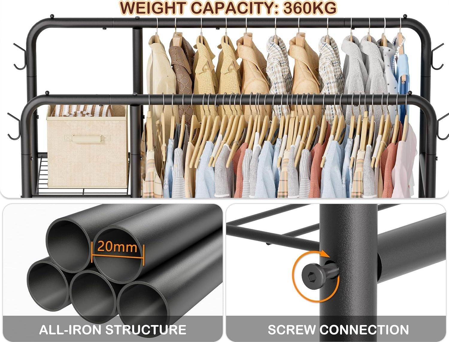 Double Clothes Rail 80KG Rack With Shelves & Hooks Black