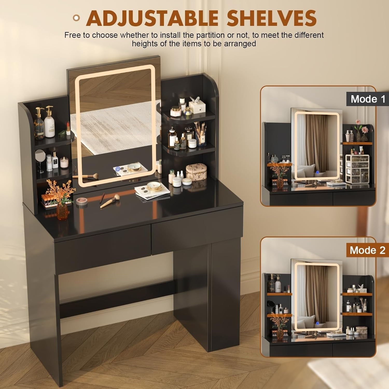LED Dressing Table Makeup Vanity Set with Drawers Stool Mirror Bedroom Black