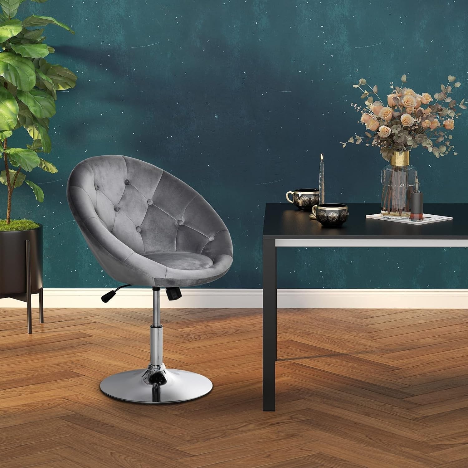Velvet Swivel Vanity Chair Grey Adjustable Height Stool