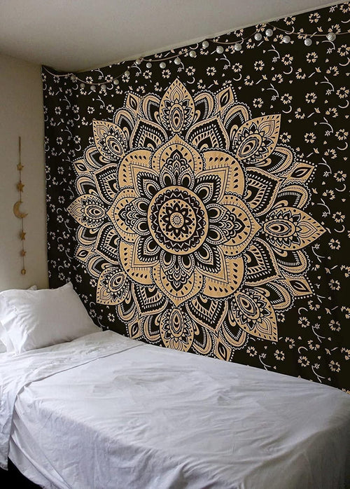 Boho Black Gold Mandala Tapestry 82x92" Cotton Wall Hanging