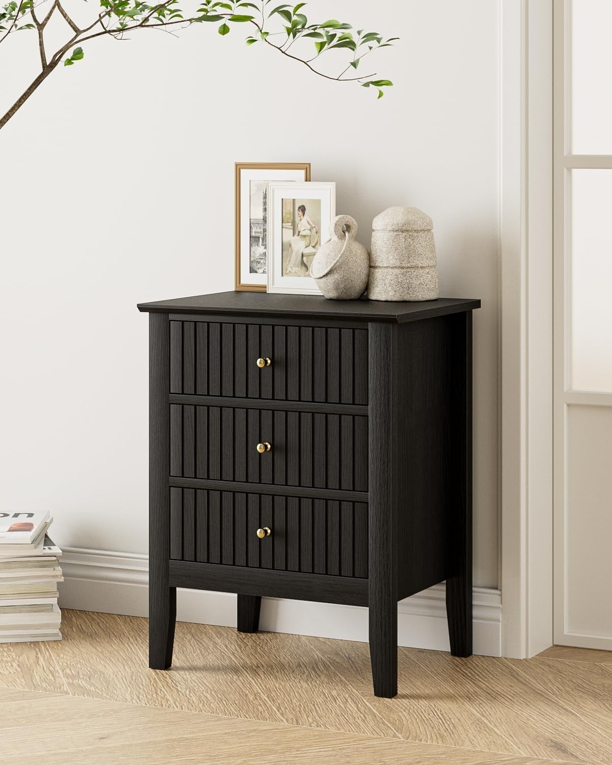 Modern Black Bedside Table with 3 Drawers Wooden Nightstand Bedroom Storage