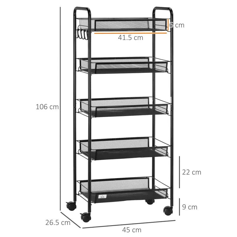 Black 5-Tier Rolling Storage Cart with Mesh Baskets & Lockable Wheels