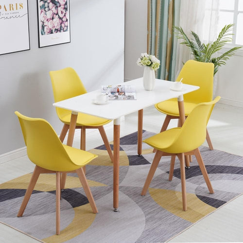Modern Dining Table & 4 Yellow PU Chairs Set Wood Legs Kitchen 120cm