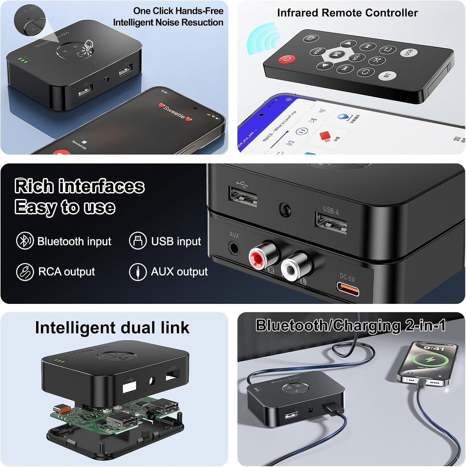 Bluetooth 5.4 Receiver Adapter HiFi Audio RCA AUX Low Latency Remote