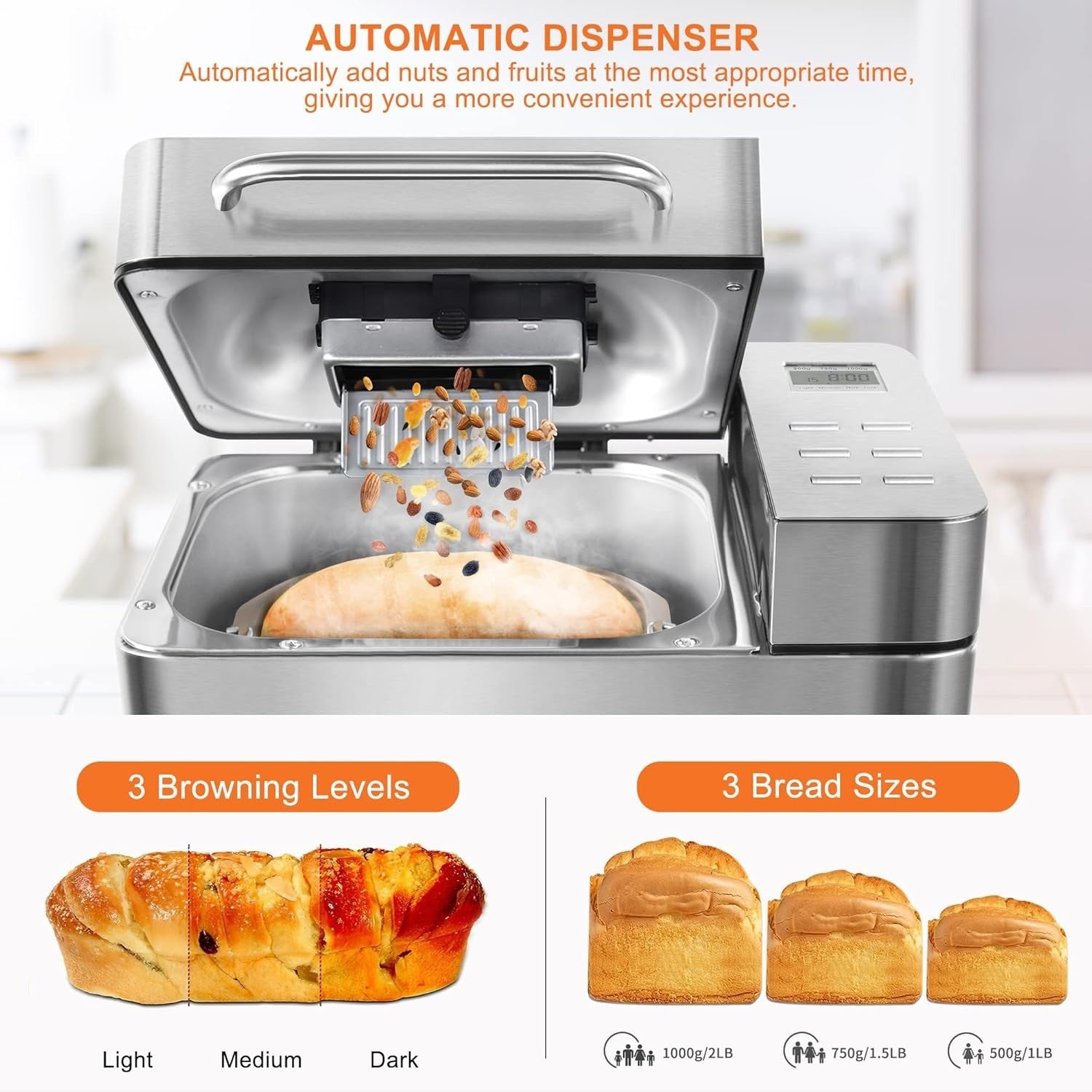 Bread Maker Machine 19 Programs 2.2LB Nut Dispenser Gluten Free Stainless Steel