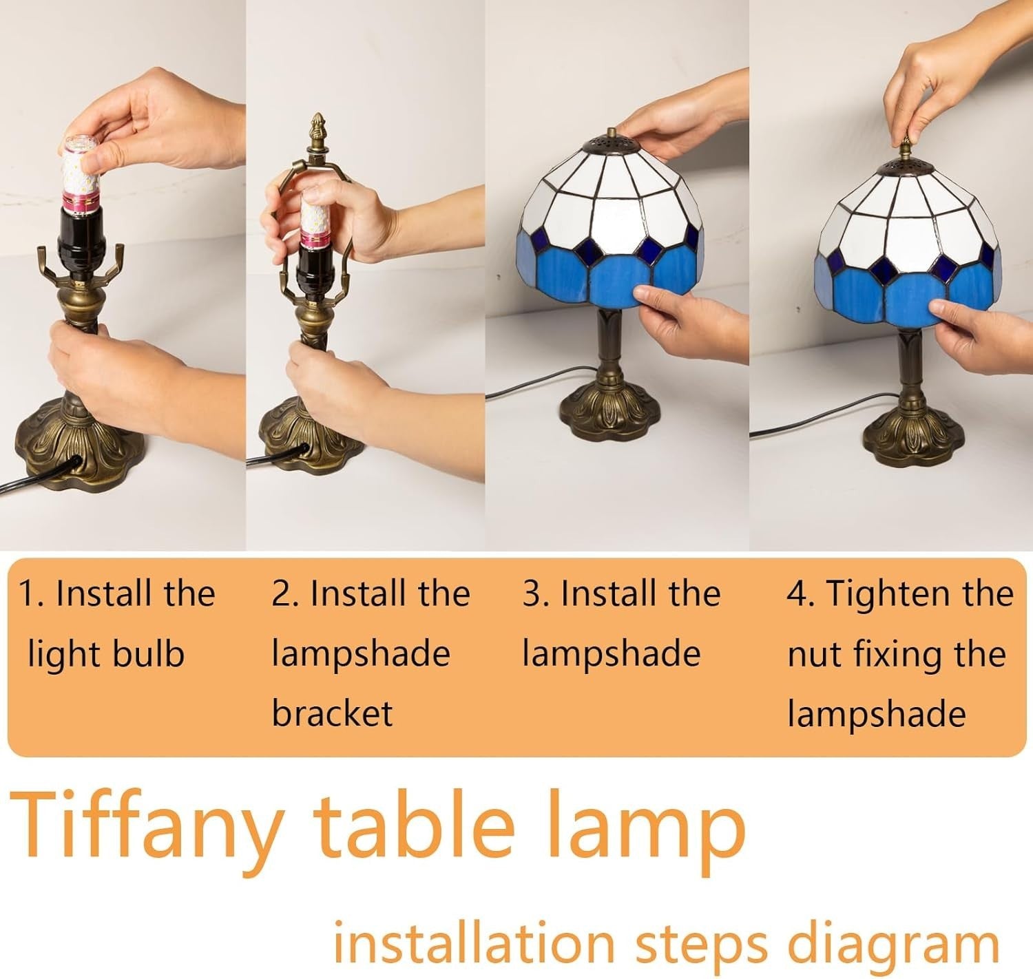 Blue Tiffany Style Stained Glass Table Lamp, 3-Color Dimmable E27 Bulb