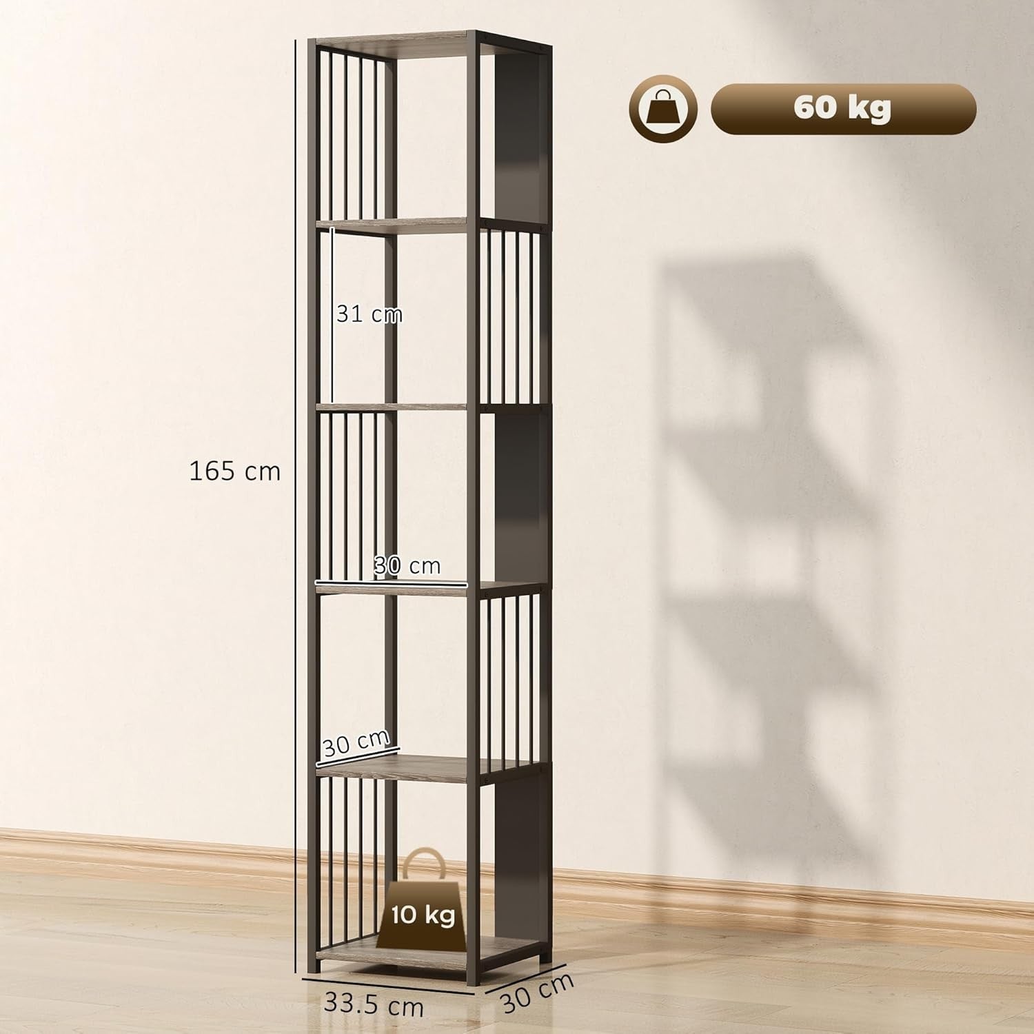 Tall 5-Tier Metal Frame Bookcase Modern Open Display Shelf Unit – Grey