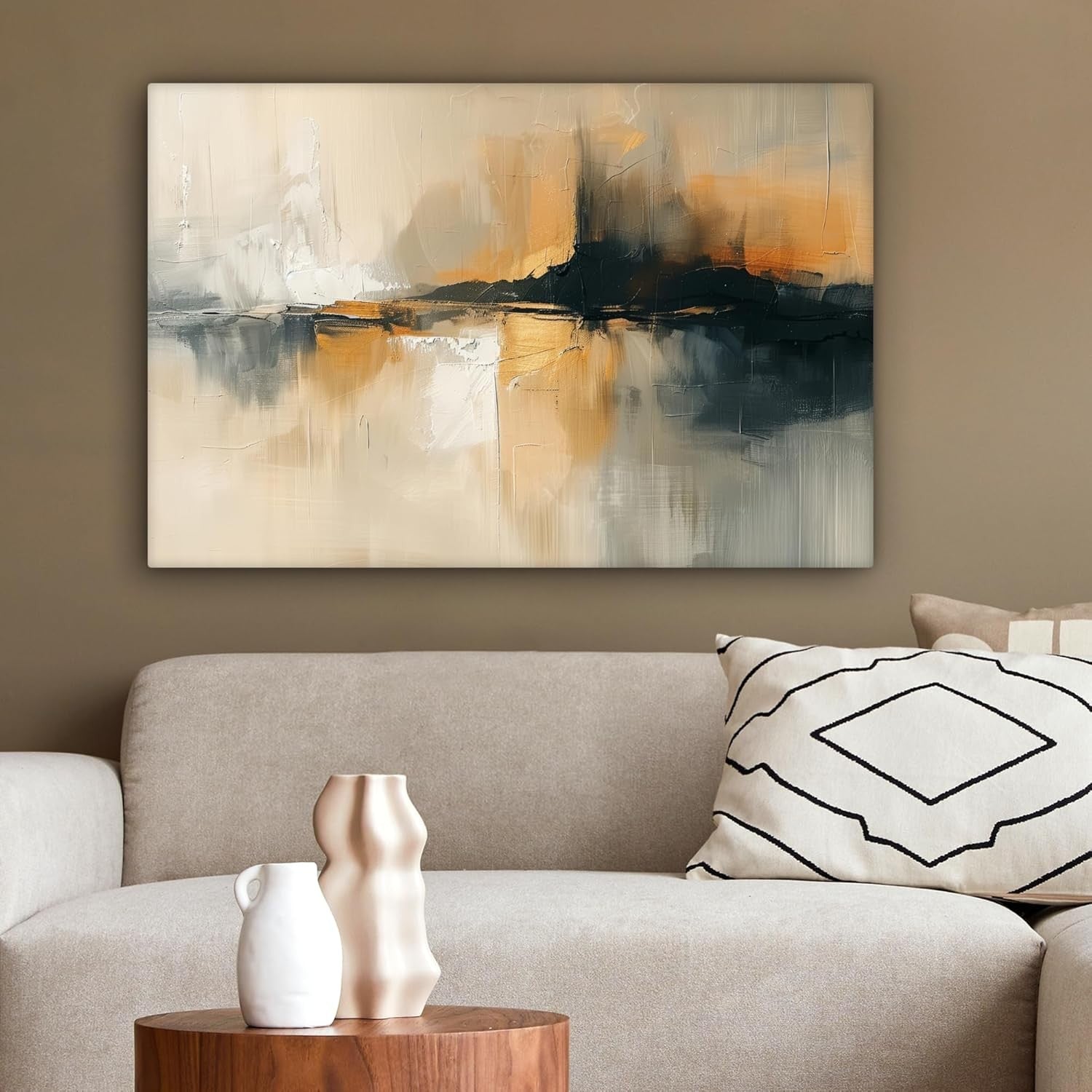 Abstract Black Beige Canvas Wall Art 60x40cm Framed Modern
