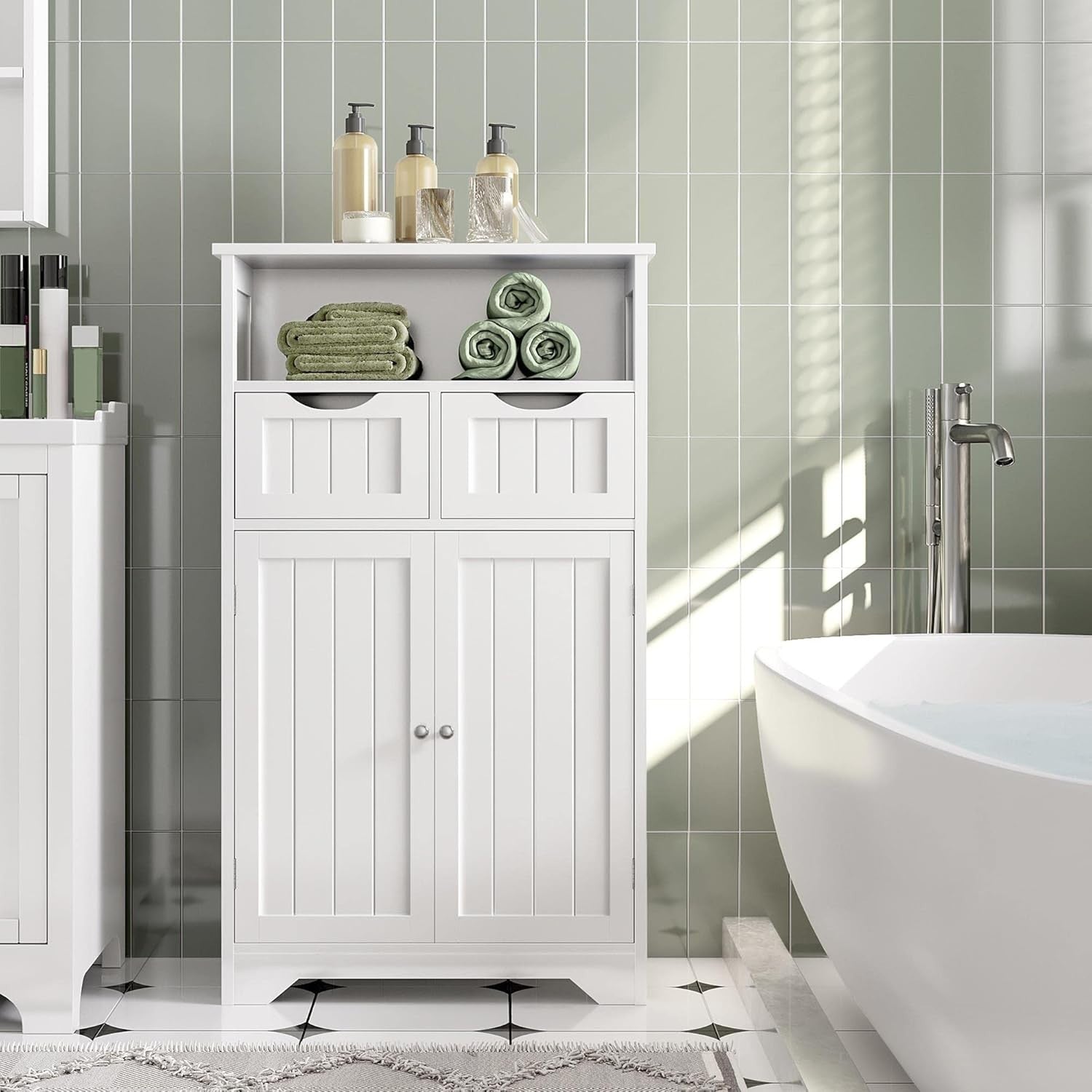 Freestanding Bathroom Floor Cabinet 2 Drawers Adjustable Shelf White