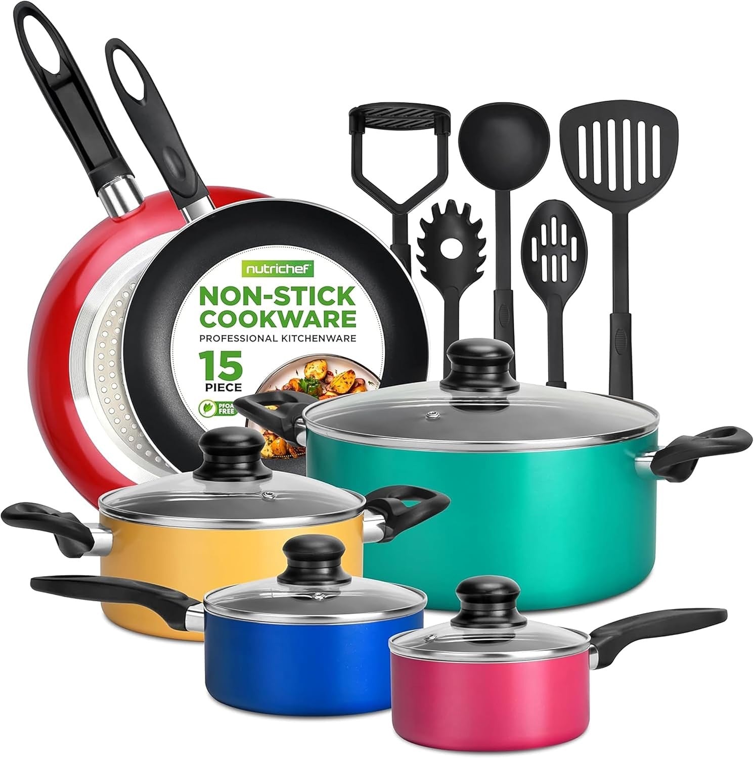 15pcs Colourful Non Stick Cookware Set – Induction Compatible Utensils Included