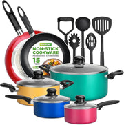 15pcs Colourful Non Stick Cookware Set – Induction Compatible Utensils Included