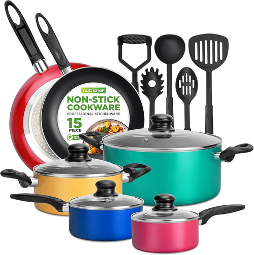 15pcs Colourful Non Stick Cookware Set – Induction Compatible Utensils Included