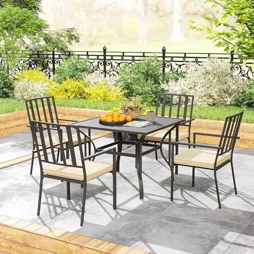 5 Piece Garden Dining Set Patio Table 4 Stackable Chairs Cushions Black