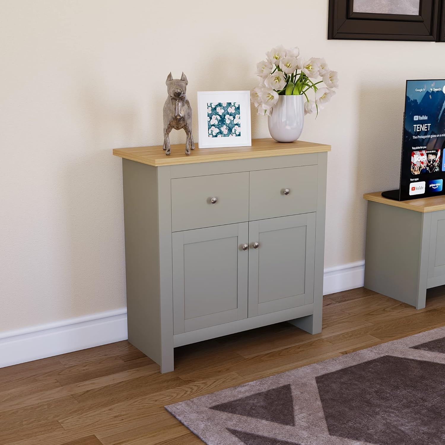 Modern Grey & Oak Sideboard Cabinet 2 Door 2 Drawer Storage Unit