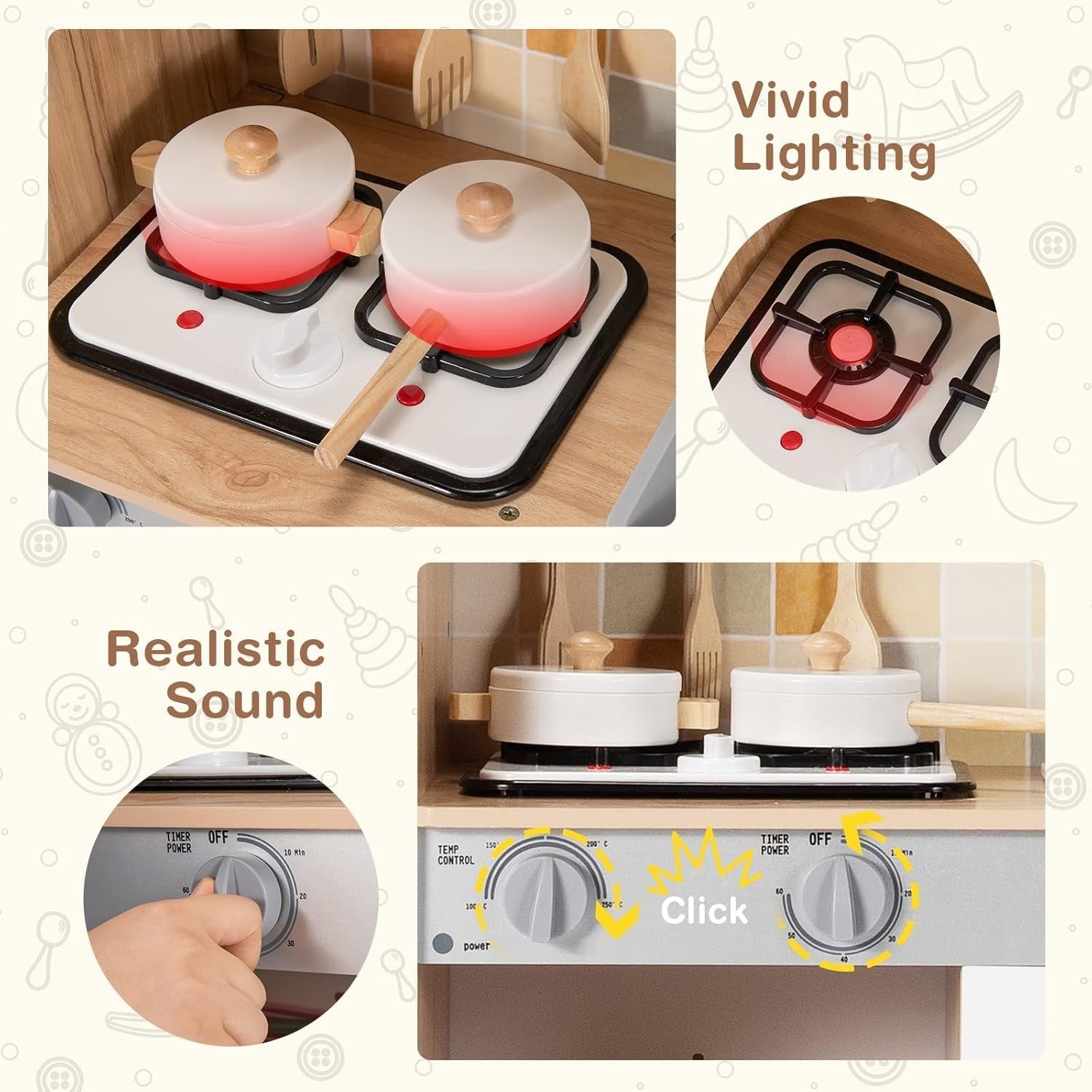 Wooden Kids Play Kitchen Lights Sounds Ice Maker Water Dispenser Set