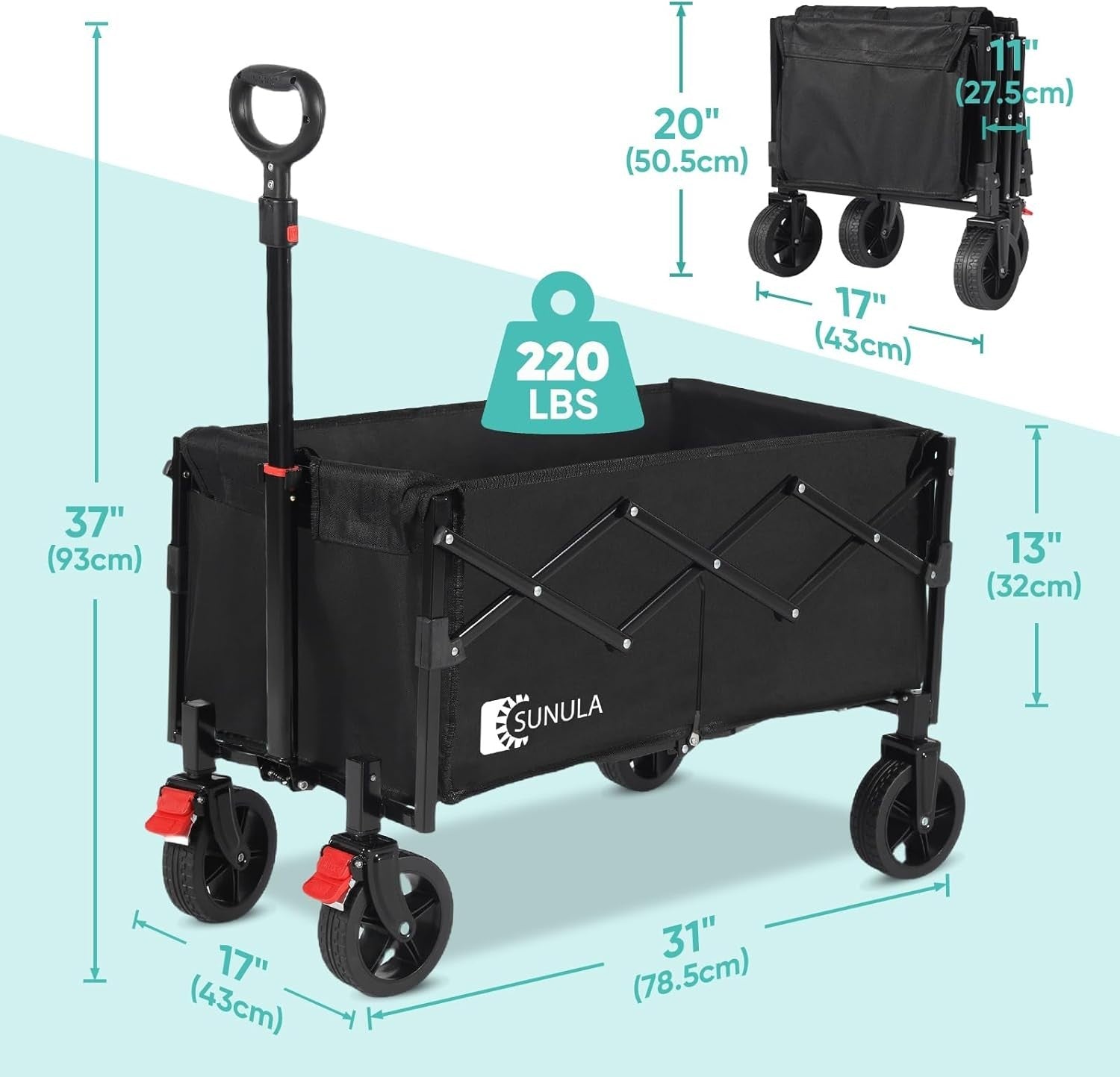 Black 120L Folding Camping Wagon 220lbs Heavy Duty Garden Trolley All-Terrain