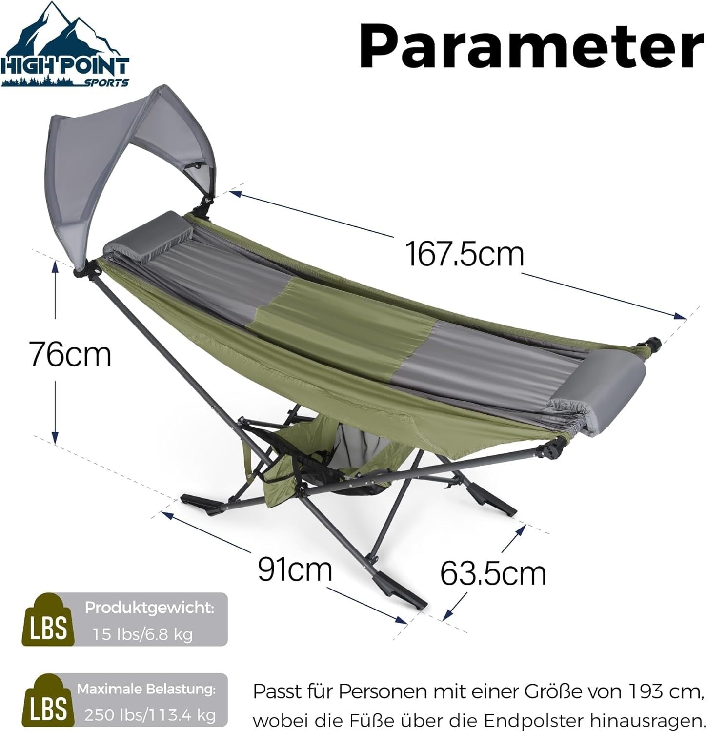 Green Portable Hammock with Stand & Adjustable Canopy | 168x76cm Heavy-Duty