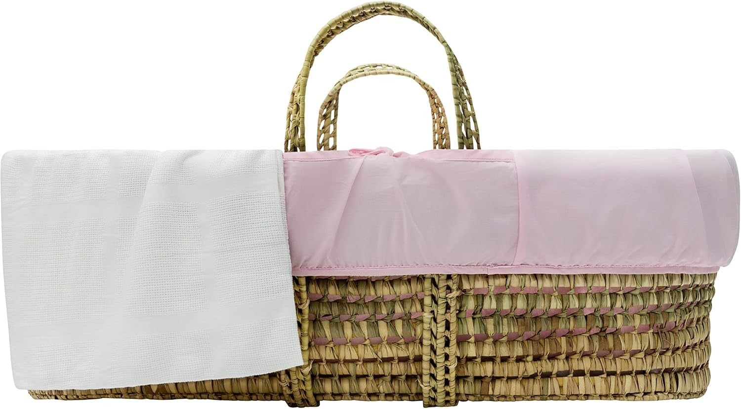 Hand-woven Palm Moses Basket with Deluxe Natural Rocking Stand & Mattress Pink