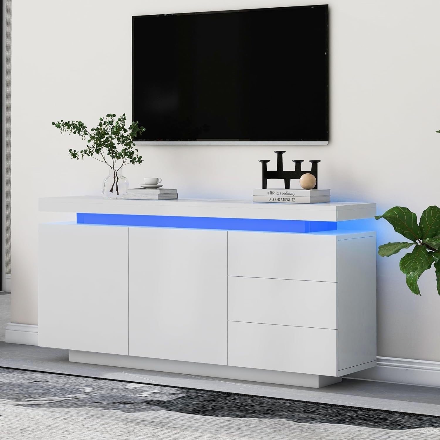 White LED Sideboard Cabinet 2 Door 3 Drawer Gloss Storage Unit Modern