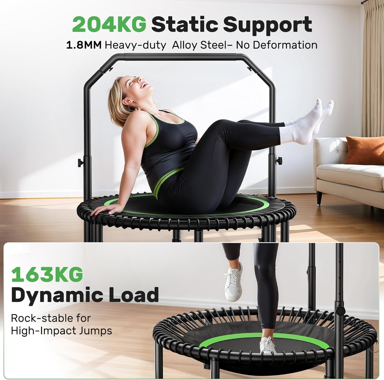Heavy Duty Foldable Rebounder Trampoline Quiet Bungee Handle 204KG