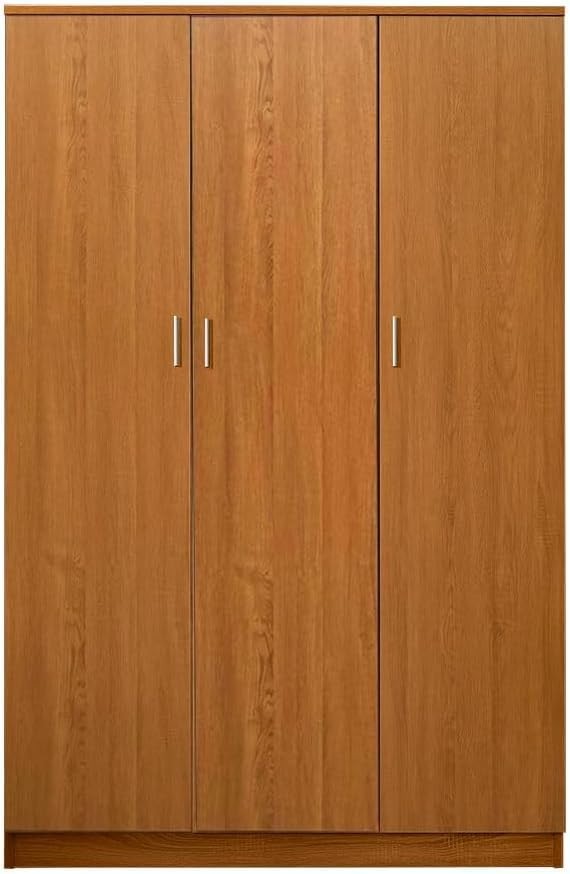 Solid Pine 3 Door Wardrobe with Hanging Rail & Foldable Storage Shelves