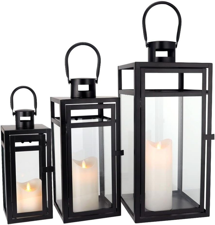 3 Pack Matte Black Metal Candle Lanterns Indoor Outdoor Decor