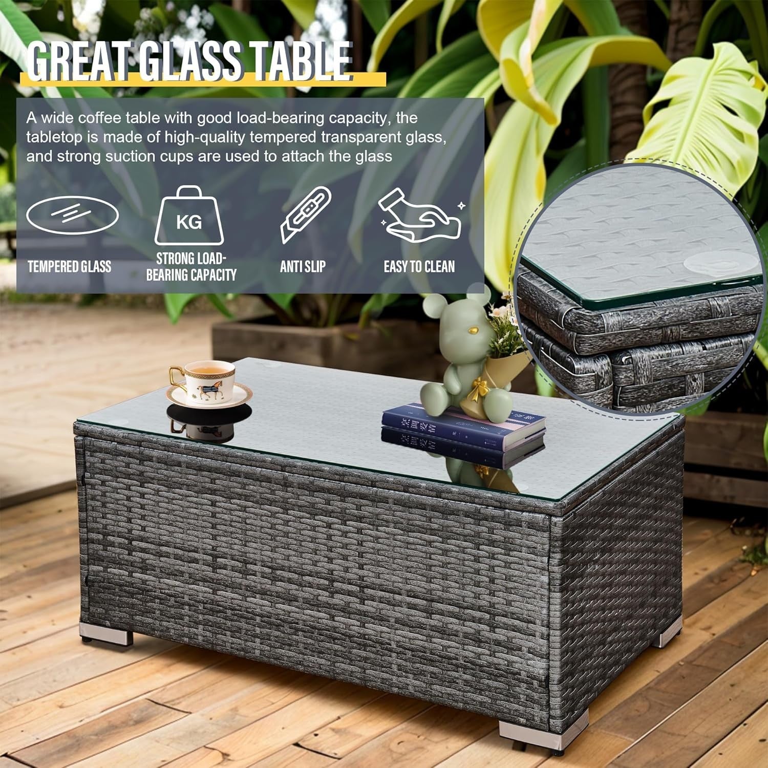 6 Seater Rattan Corner Sofa Set Patio Garden Furniture with Glass Table