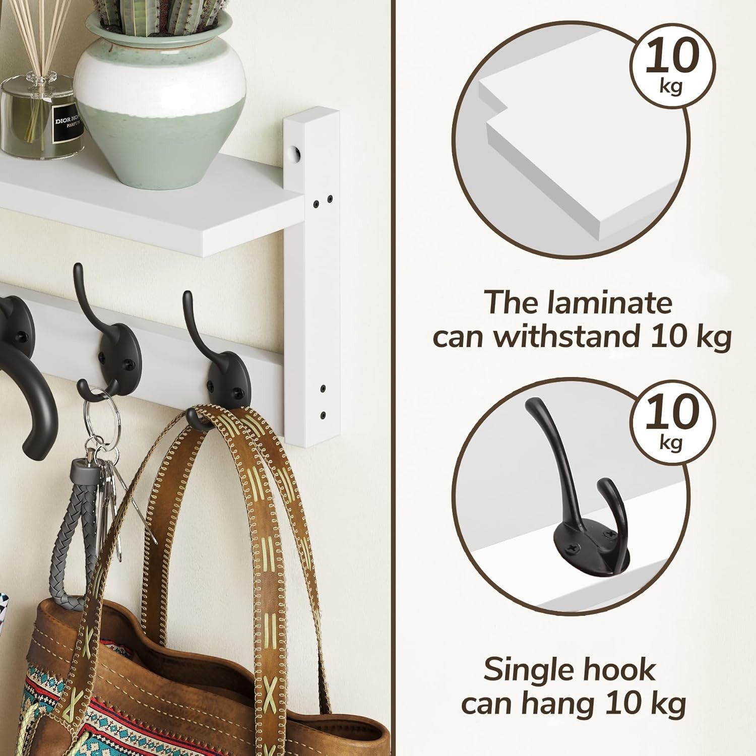 Wooden Wall Coat Rack with Shelf 87cm | 10 Hooks for Coats Hats Bags Keys