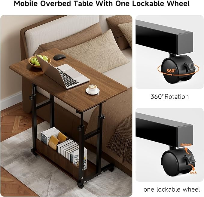 Mobile Computer Desk Adjustable Height Laptop Table with Wheels 80x45cm Brown