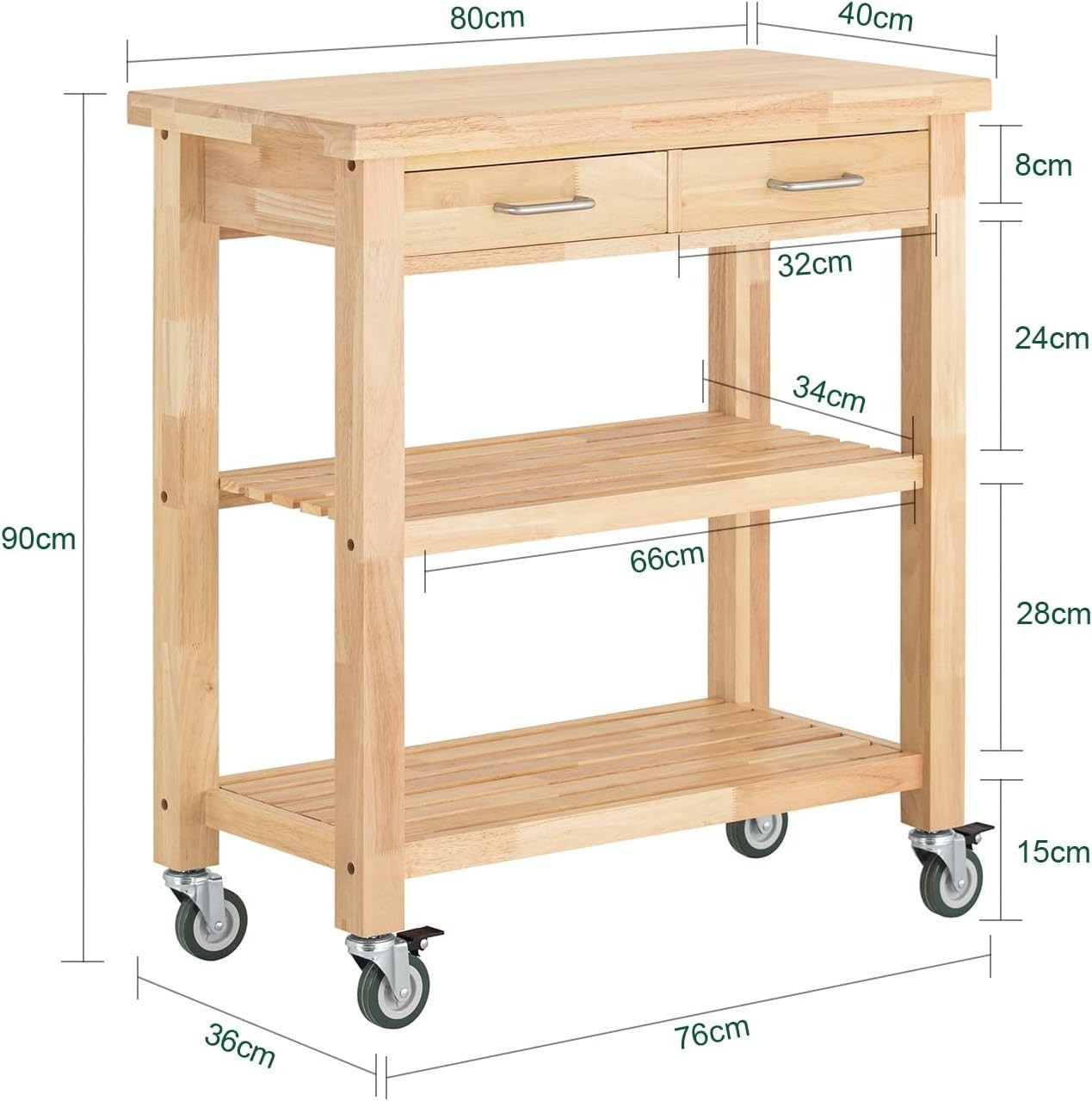 80x40x90cm Rubberwood Kitchen Trolley 2 Drawers
