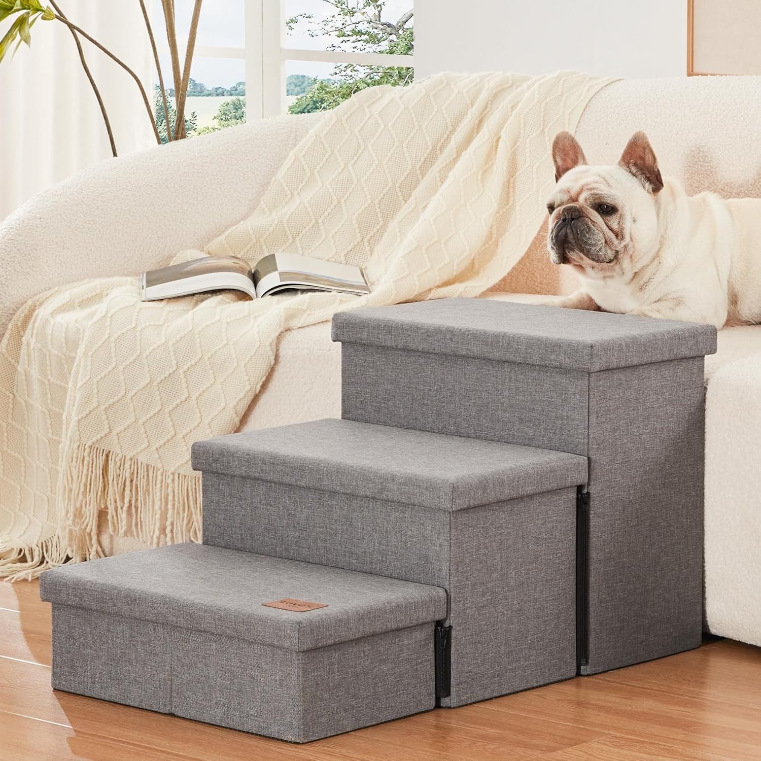 Dog Stairs 3 Step with Storage 18" High Foldable Pet Steps Grey
