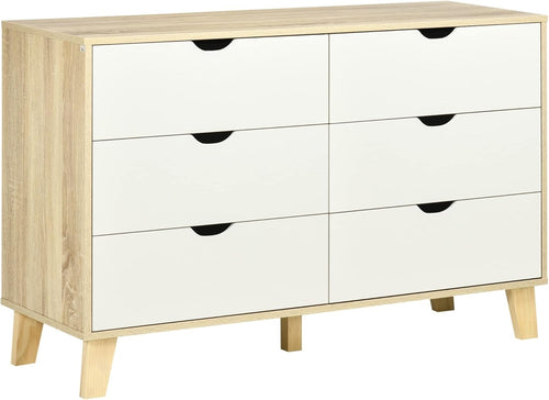 Wide 6 Drawer White Wood Dresser Chest, Modern Storage Unit for Living Room