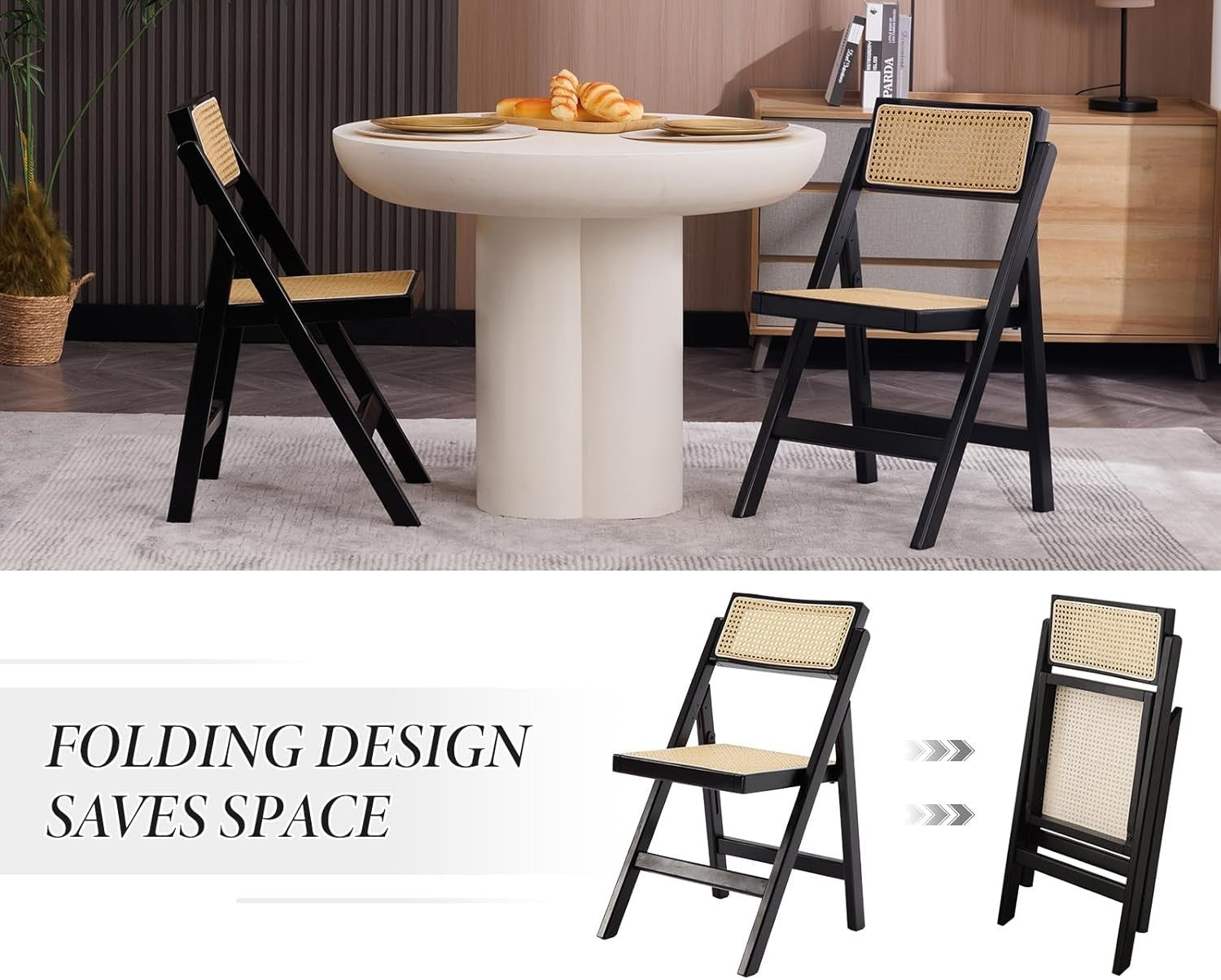 Black Folding Rattan Dining Chairs Set of 2 Wooden Frame Compact Seating