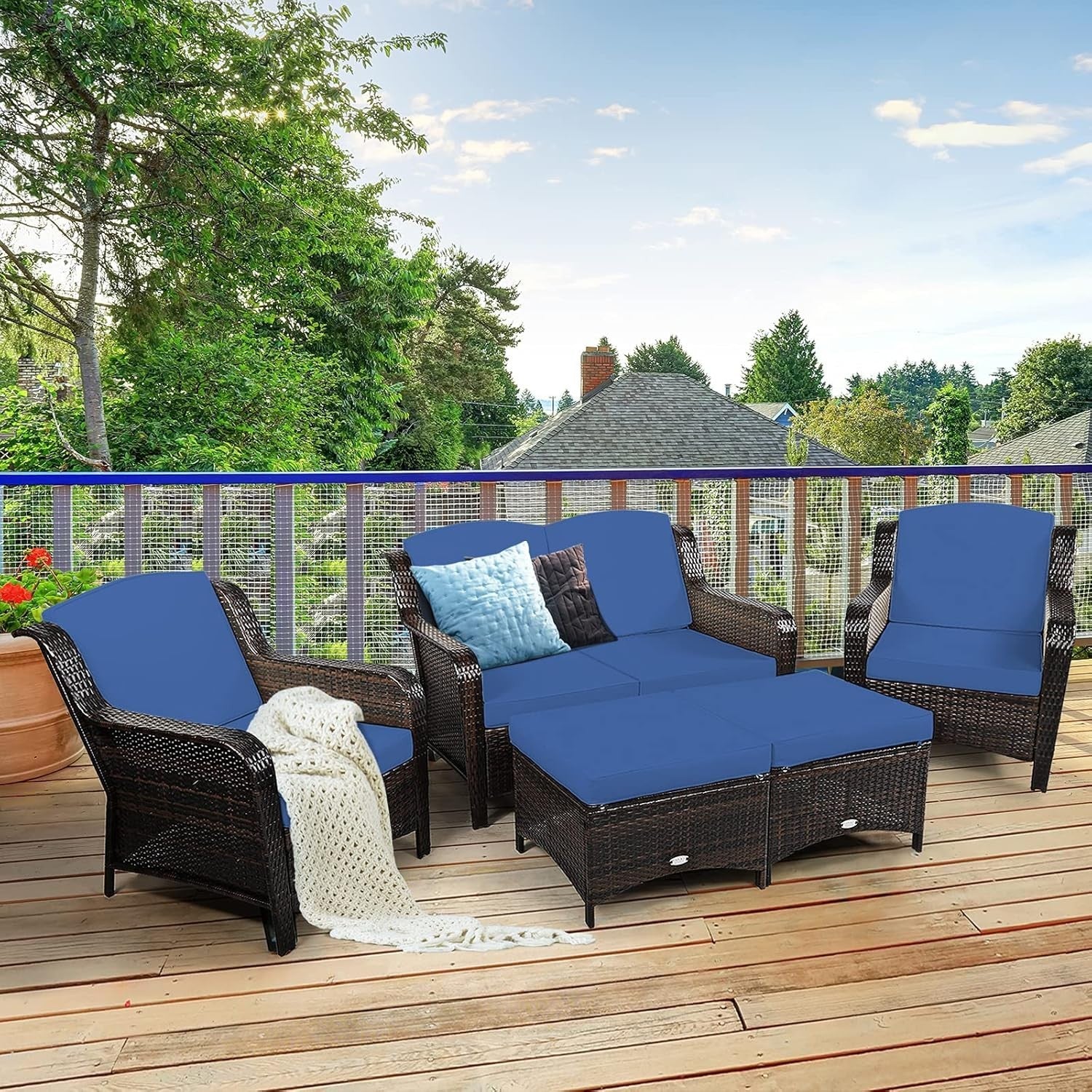 5pc Rattan Garden Sofa Set Navy Blue | Outdoor Patio Seats & Ottomans